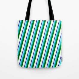 [ Thumbnail: Blue, Aquamarine, Dark Turquoise, Dark Green & Mint Cream Colored Stripes/Lines Pattern Tote Bag ]
