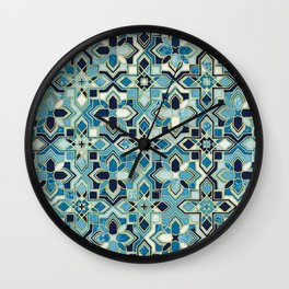 Moody Moroccan Blues Gilded Tile Patchwork Pattern Wall Clock