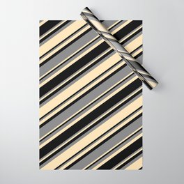 [ Thumbnail: Black, Grey & Beige Colored Striped Pattern Wrapping Paper ]
