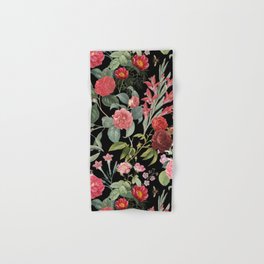  Blooming Pink Flowers Night Garden - Vintage Botanical illustration collage on the  black backgound Hand & Bath Towel