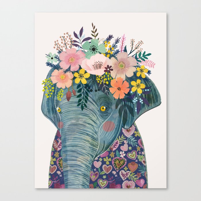 Elephant with flowers on head Canvas Print