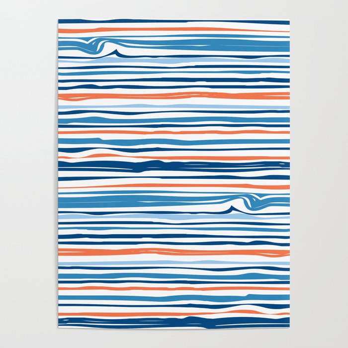 Modern Abstract Ocean Wave Stripes in Classic Blues and Orange Poster