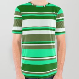 [ Thumbnail: Green, Dark Green, Mint Cream, and Dark Olive Green Colored Stripes/Lines Pattern All Over Graphic Tee ]