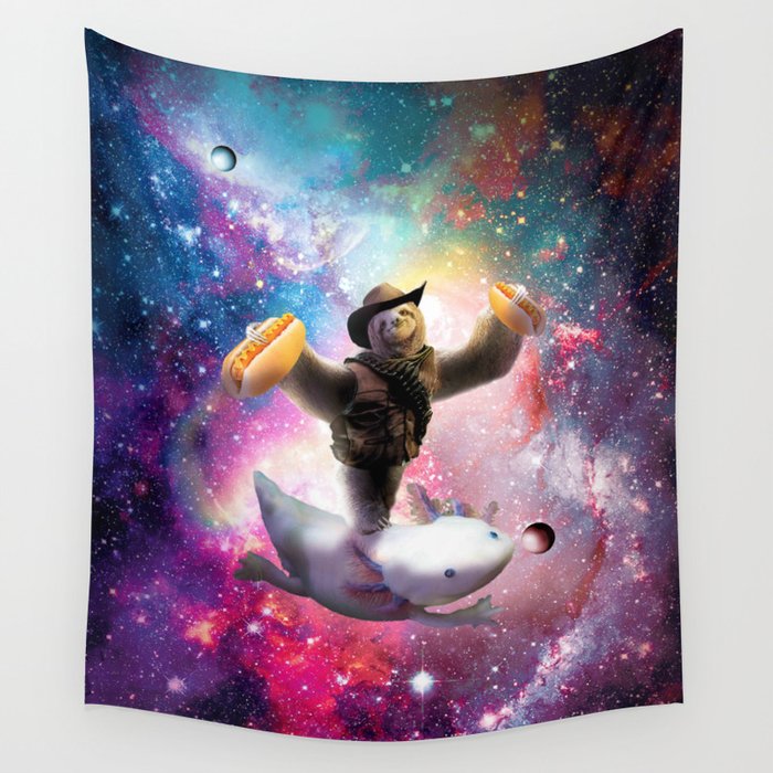 Cowboy Space Sloth Riding Axolotl - Hotdog Wall Tapestry