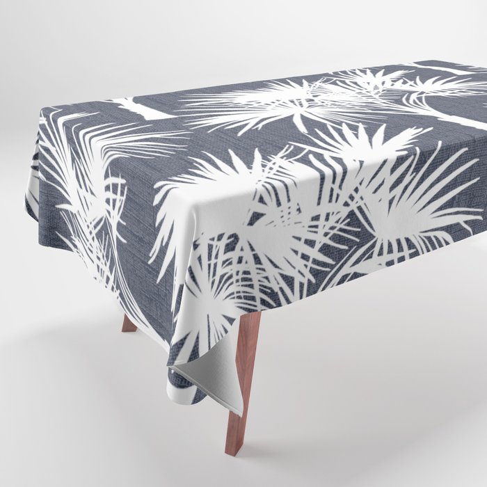 70’s Tropical Palm Trees White on Navy Tablecloth
