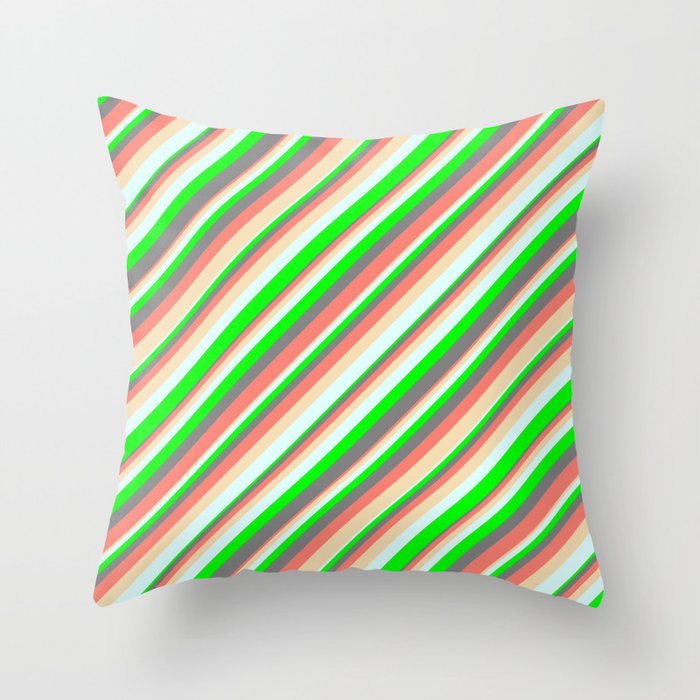 Vibrant Gray, Salmon, Tan, Light Cyan & Lime Colored Striped Pattern Throw Pillow