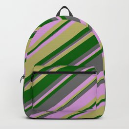 [ Thumbnail: Dim Grey, Plum, Dark Khaki & Dark Green Colored Striped/Lined Pattern Backpack ]