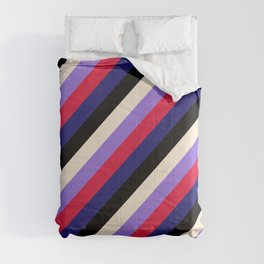 [ Thumbnail: Beige, Purple, Crimson, Midnight Blue, and Black Colored Lines/Stripes Pattern Comforter ]