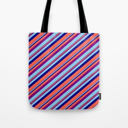 [ Thumbnail: Purple, Sky Blue, Dark Blue, and Red Colored Lines/Stripes Pattern Tote Bag ]