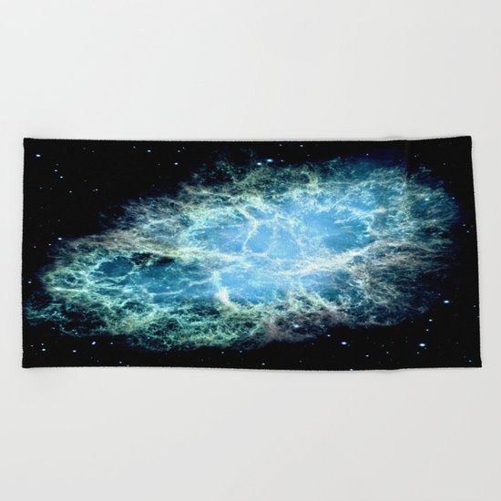 Crab Nebula : Aqua Teal Blue Galaxy Beach Towel