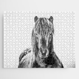 Black and white protreit of an Icelandic horse Jigsaw Puzzle
