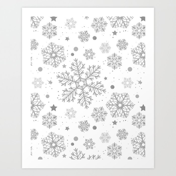 Silver snowflakes on white Art Print by Katerina Kirilova