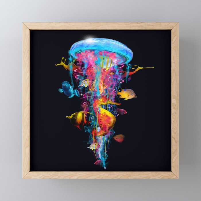 Super Electric Jellyfish with Seahorse and Fish Framed Mini Art Print