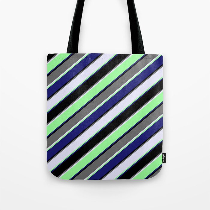 Colorful Dim Gray, Lavender, Green, Midnight Blue & Black Colored Striped/Lined Pattern Tote Bag