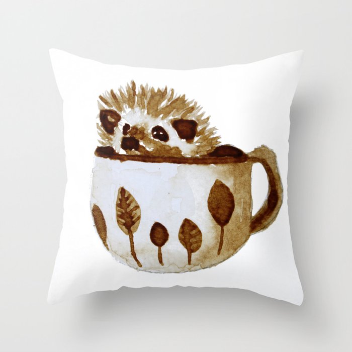Hedgehog in a Cup Painted with Coffee Throw Pillow