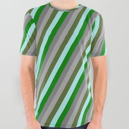 [ Thumbnail: Eye-catching Turquoise, Green, Grey, Dark Grey, and Dark Olive Green Colored Striped Pattern All Over Graphic Tee ]