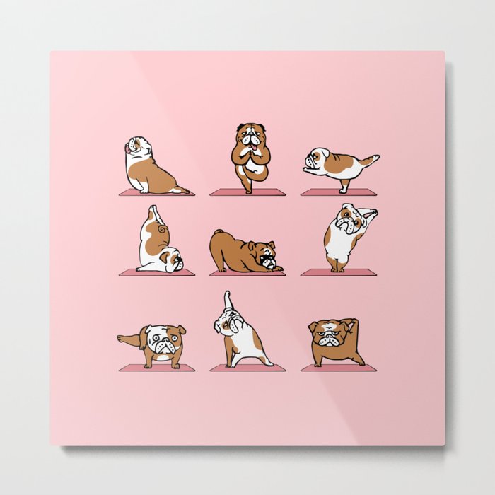 English Bulldog Yoga in Pink Metal Print