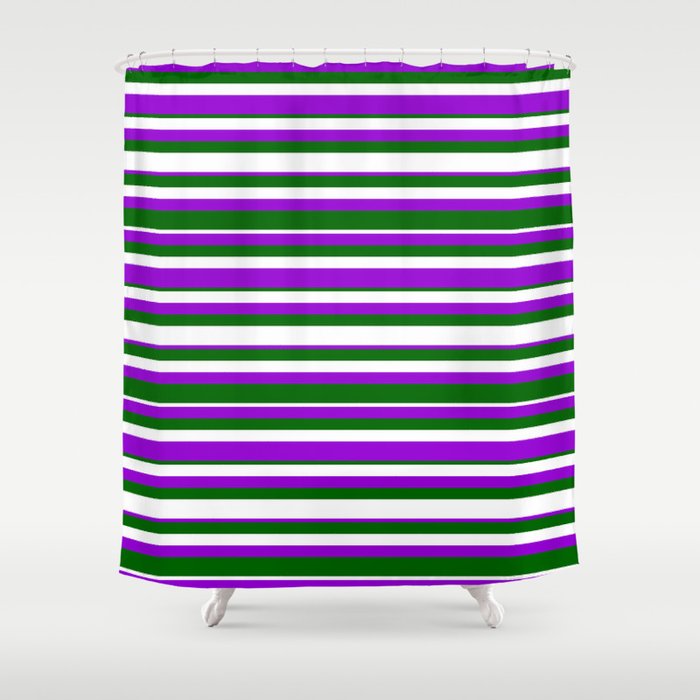 Dark Green, White & Dark Violet Colored Lined Pattern Shower Curtain