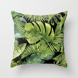 Lush Green Monstera And Palm Leaf Pattern Throw Pillow