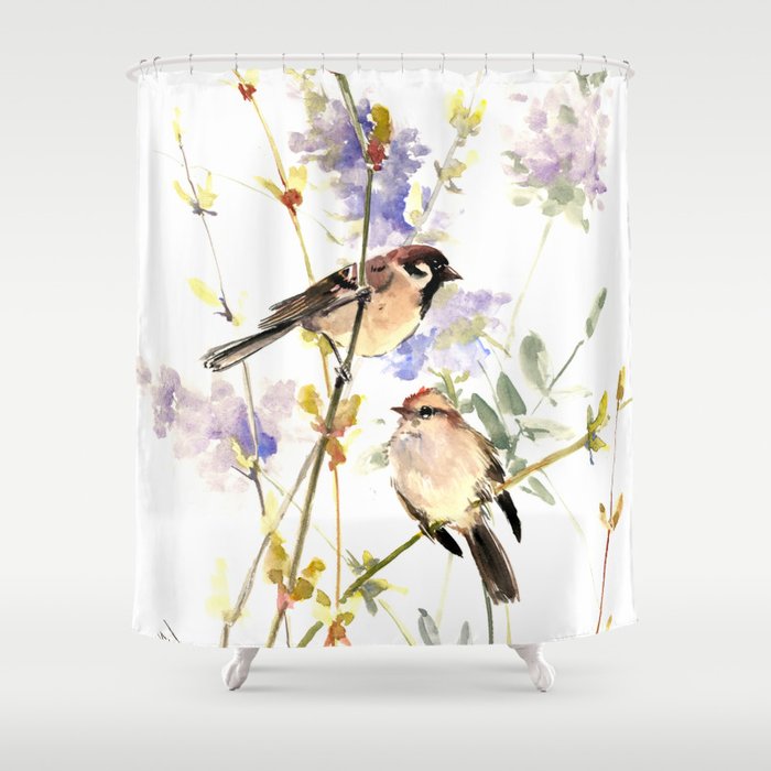 Sparrows and Spring Blossom Shower Curtain
