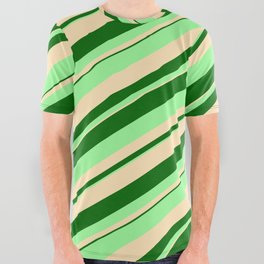 [ Thumbnail: Dark Green, Green, and Beige Colored Stripes Pattern All Over Graphic Tee ]