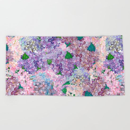 Purple and blue Lilac & Hydrangea - Flower Design Beach Towel