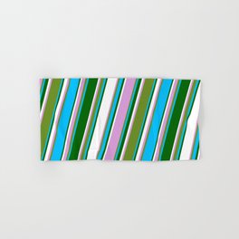 [ Thumbnail: Eye-catching Plum, Green, Deep Sky Blue, Dark Green, and White Colored Lined/Striped Pattern Hand & Bath Towel ]