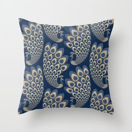 Blue and Gold Art Deco Peacock Throw Pillow