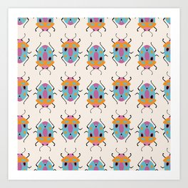 Colorful cute bugs on cream background, pattern Art Print