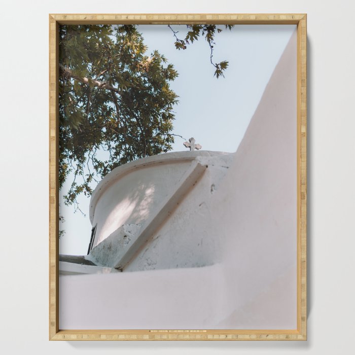 Minimalistic Greek Scenery | White Church Building in the Summer Sun | Cycladic Architecture | Travel Photography on Naxos, Greece Serving Tray