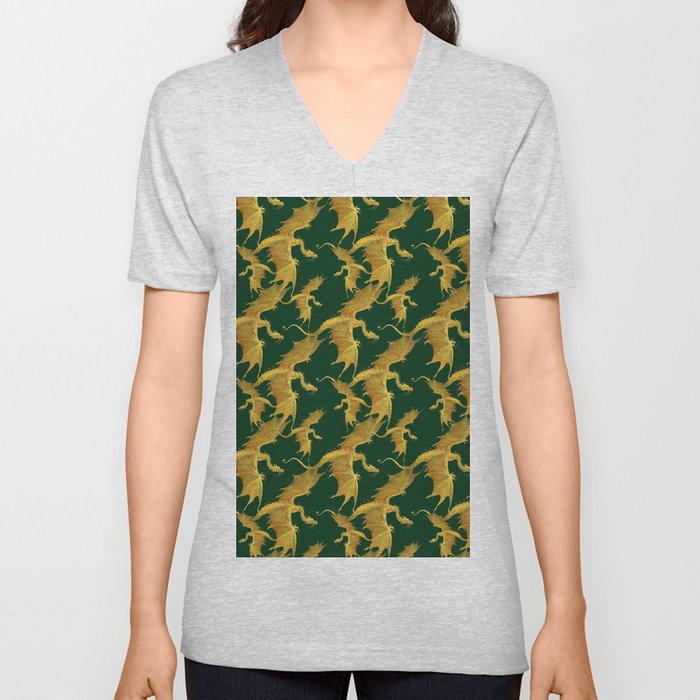 golden dragons on a green background V Neck T Shirt