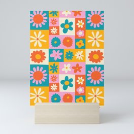 Colorful vintage flower checkered art pattern Mini Art Print