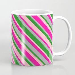 [ Thumbnail: Deep Pink, Dark Gray, Forest Green, and Light Pink Colored Lines/Stripes Pattern Coffee Mug ]