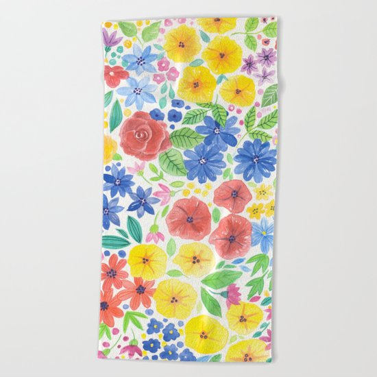 Doodle floral garden in watercolor Beach Towel
