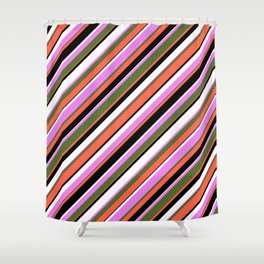 [ Thumbnail: Eyecatching Violet, Dark Olive Green, Red, Black, and White Colored Striped Pattern Shower Curtain ]