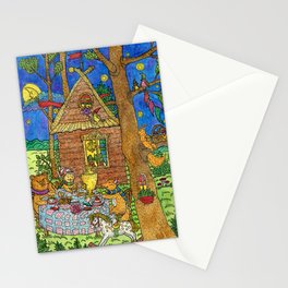  Bear, fox and cat drink tea in a fairy forest. Stationery Card