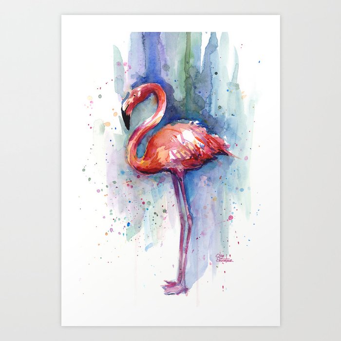 Pink Flamingo Watercolor Tropical Animals Birds Art Print