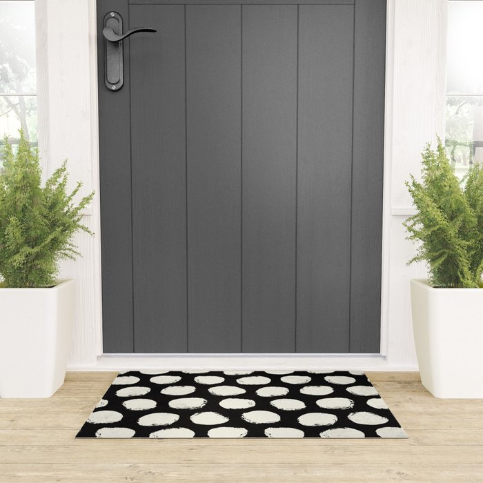 Trendy Cream Polka Dots On Black Welcome Mat By Followmeinstead