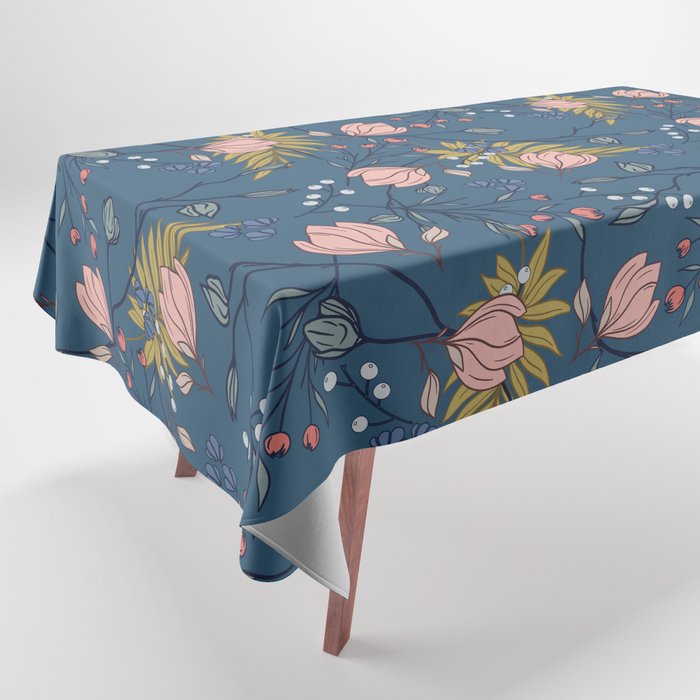 Magnolia Branches and Berries with Springtime Botanicals in Pink and Blue Tablecloth