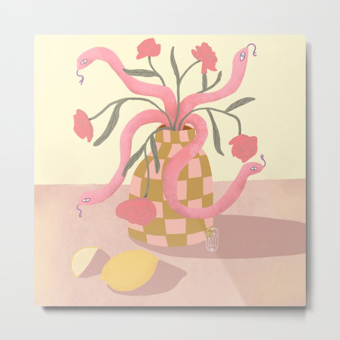 Trendy Retro Checkerd Flower Vase Stilllife with Snakes and Lemons  Metal Print