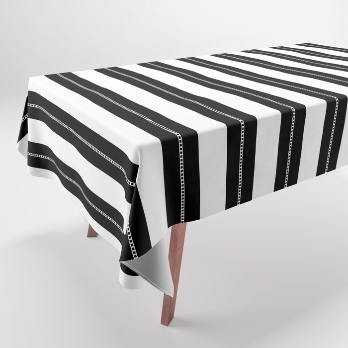 White and Jet Black Cabana Beach Perforated Stripes Tablecloth