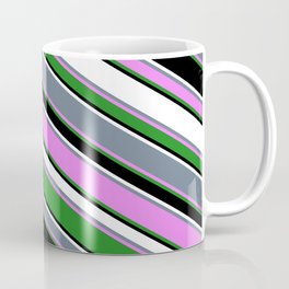 [ Thumbnail: Vibrant Slate Gray, Violet, Forest Green, Black, and White Colored Stripes Pattern Coffee Mug ]