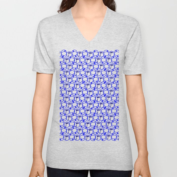 Blue and White Geometric Pattern With Palm Trees V Neck T Shirt