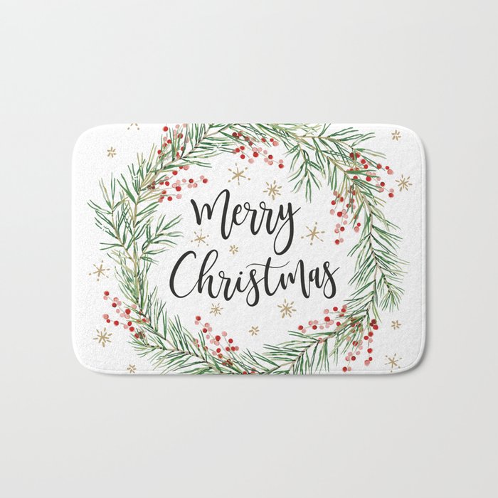 Merry Christmas wreath with red berries Bath Mat