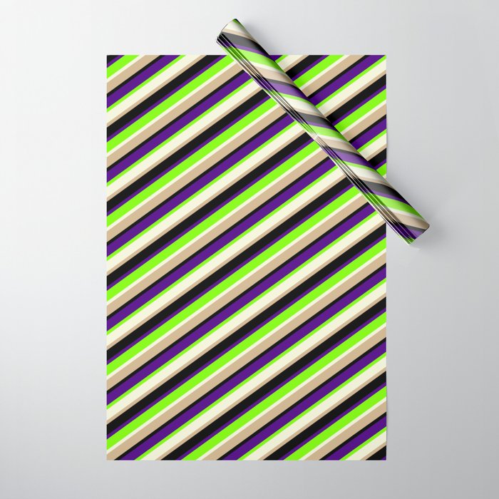 Eyecatching Indigo, Green, Beige, Tan, and Black Colored Lined/Striped Pattern Wrapping Paper
