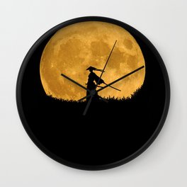 full Moon, black Samurai with katana  Wall Clock