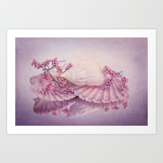 Romantic maritime still life with sea shells and flowers Art Print