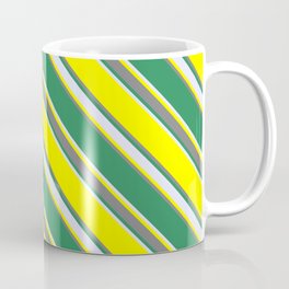 [ Thumbnail: Yellow, Gray, Sea Green, and Lavender Colored Striped Pattern Coffee Mug ]