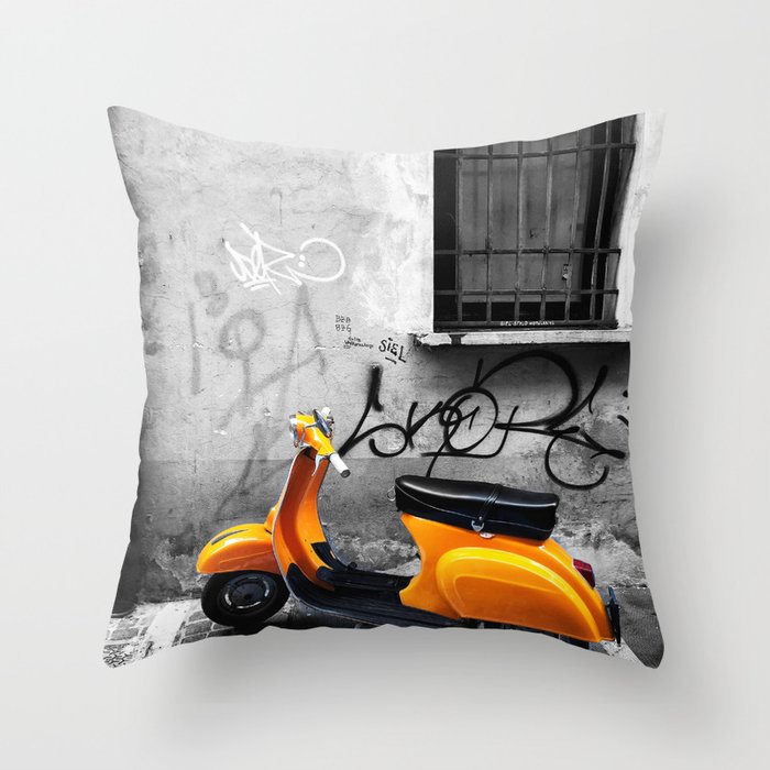 Orange Vespa in Bologna Black and White Photography Throw Pillow