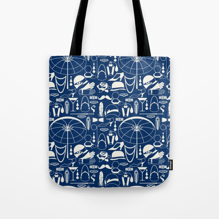 White Old-Fashioned 1920s Vintage Pattern on Navy Blue Tote Bag
